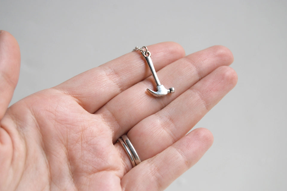Little Hammer Necklace | Silver Hammer Charm Necklace | Tool Pendant - Enchanted Leaves - Nature Jewelry - Unique Handmade Gifts