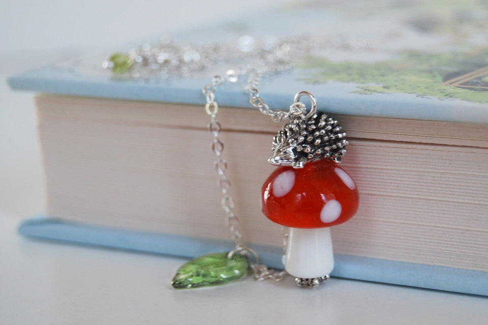 Hedgehog on a Mushroom Necklace | Cute Woodland Forest Hedgehog Necklace | Glass Toadstool Necklace - Enchanted Leaves - Nature Jewelry - Unique Handmade Gifts