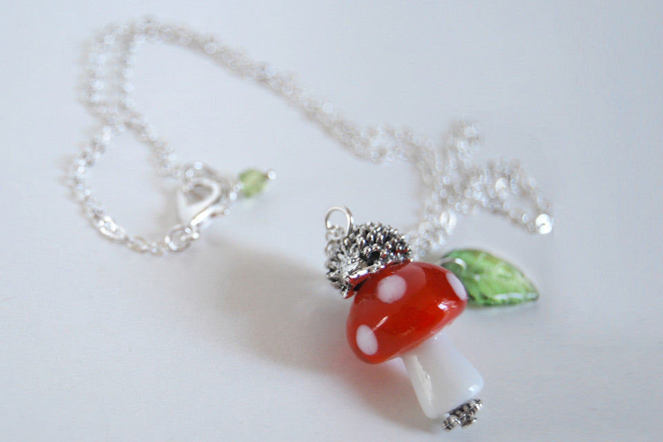 Hedgehog on a Mushroom Necklace | Cute Woodland Forest Hedgehog Necklace | Glass Toadstool Necklace - Enchanted Leaves - Nature Jewelry - Unique Handmade Gifts