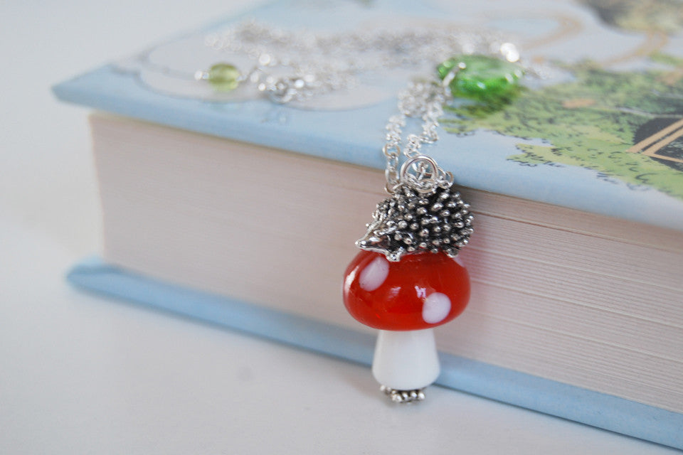 Hedgehog on a Mushroom Necklace | Cute Woodland Forest Hedgehog Necklace | Glass Toadstool Necklace - Enchanted Leaves - Nature Jewelry - Unique Handmade Gifts
