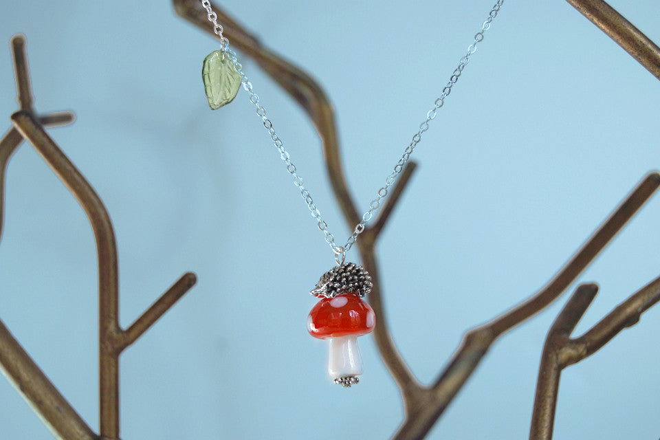 Hedgehog on a Mushroom Necklace | Cute Woodland Forest Hedgehog Necklace | Glass Toadstool Necklace - Enchanted Leaves - Nature Jewelry - Unique Handmade Gifts