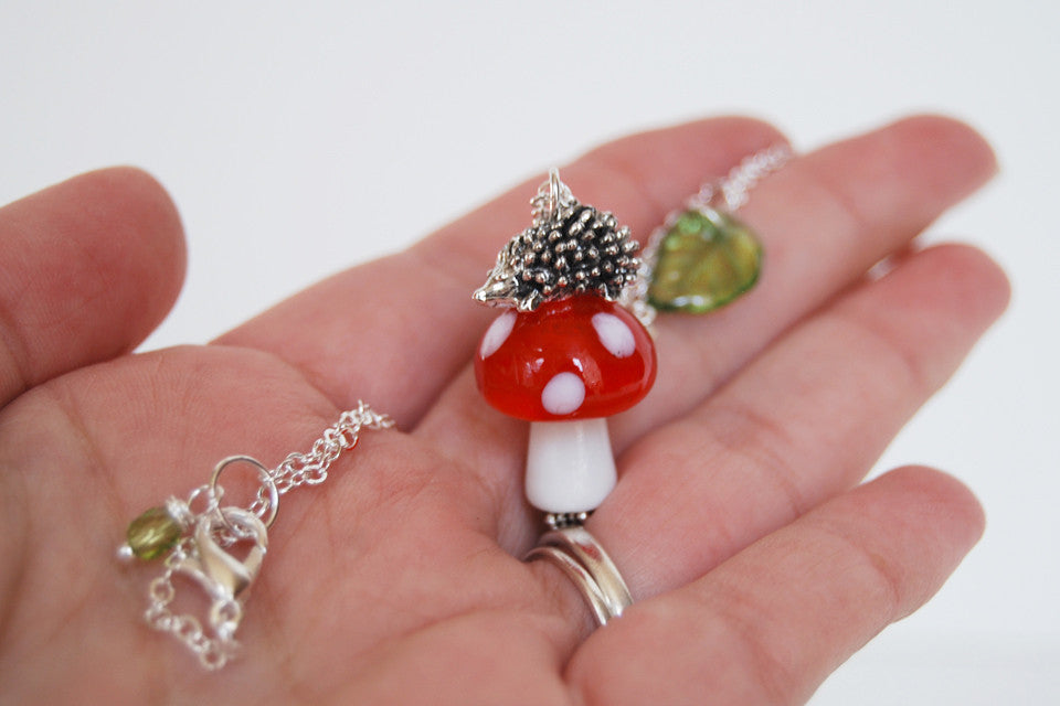 Hedgehog on a Mushroom Necklace | Cute Woodland Forest Hedgehog Necklace | Glass Toadstool Necklace - Enchanted Leaves - Nature Jewelry - Unique Handmade Gifts