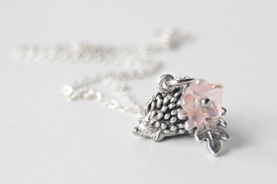 Holly the Hedgehog | Cute Hedgehog Charm Necklace | Silver Hedgehog - Enchanted Leaves - Nature Jewelry - Unique Handmade Gifts