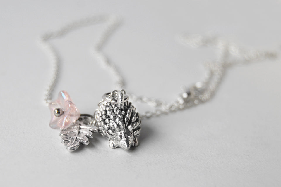 Holly the Hedgehog | Cute Hedgehog Charm Necklace | Silver Hedgehog - Enchanted Leaves - Nature Jewelry - Unique Handmade Gifts