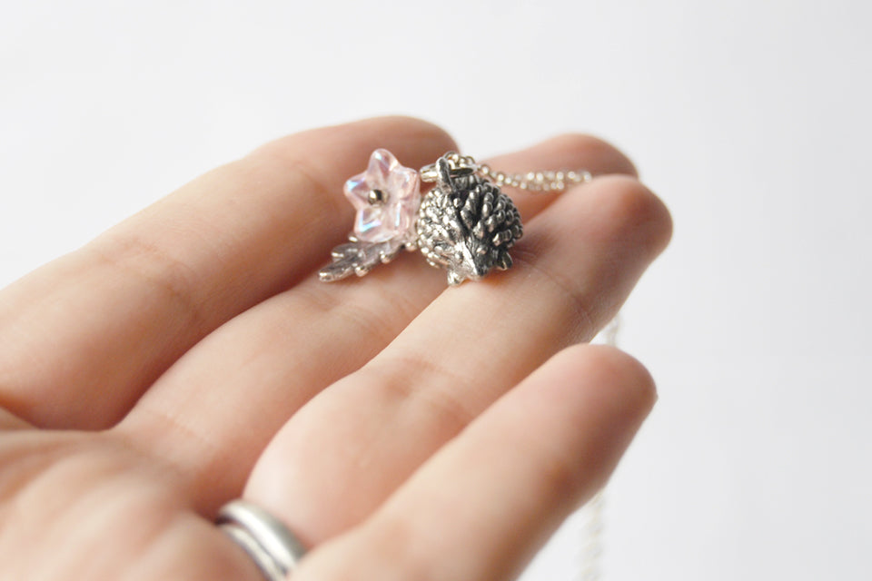 Holly the Hedgehog | Cute Hedgehog Charm Necklace | Silver Hedgehog - Enchanted Leaves - Nature Jewelry - Unique Handmade Gifts