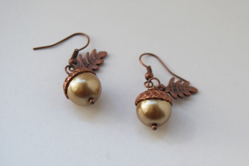 Copper Acorn Earrings | Pearl or Gemstone Acorn Charm Earrings | Fall Earrings | Nature Jewelry - Enchanted Leaves - Nature Jewelry - Unique Handmade Gifts