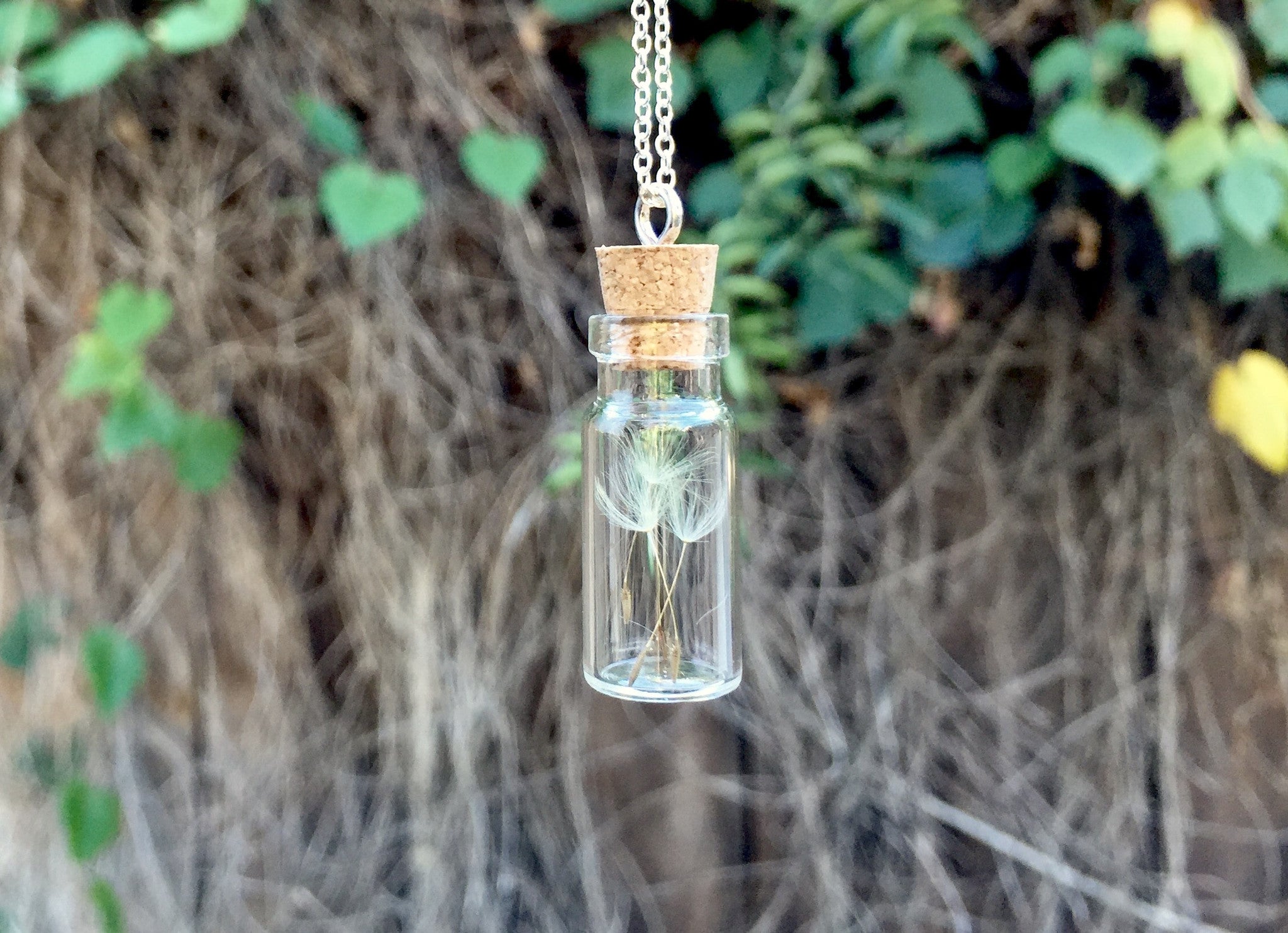 Four Wishes | Dandelion Wish Bottle Necklace | Whimsical Dandelion Terrarium Necklace - Enchanted Leaves - Nature Jewelry - Unique Handmade Gifts