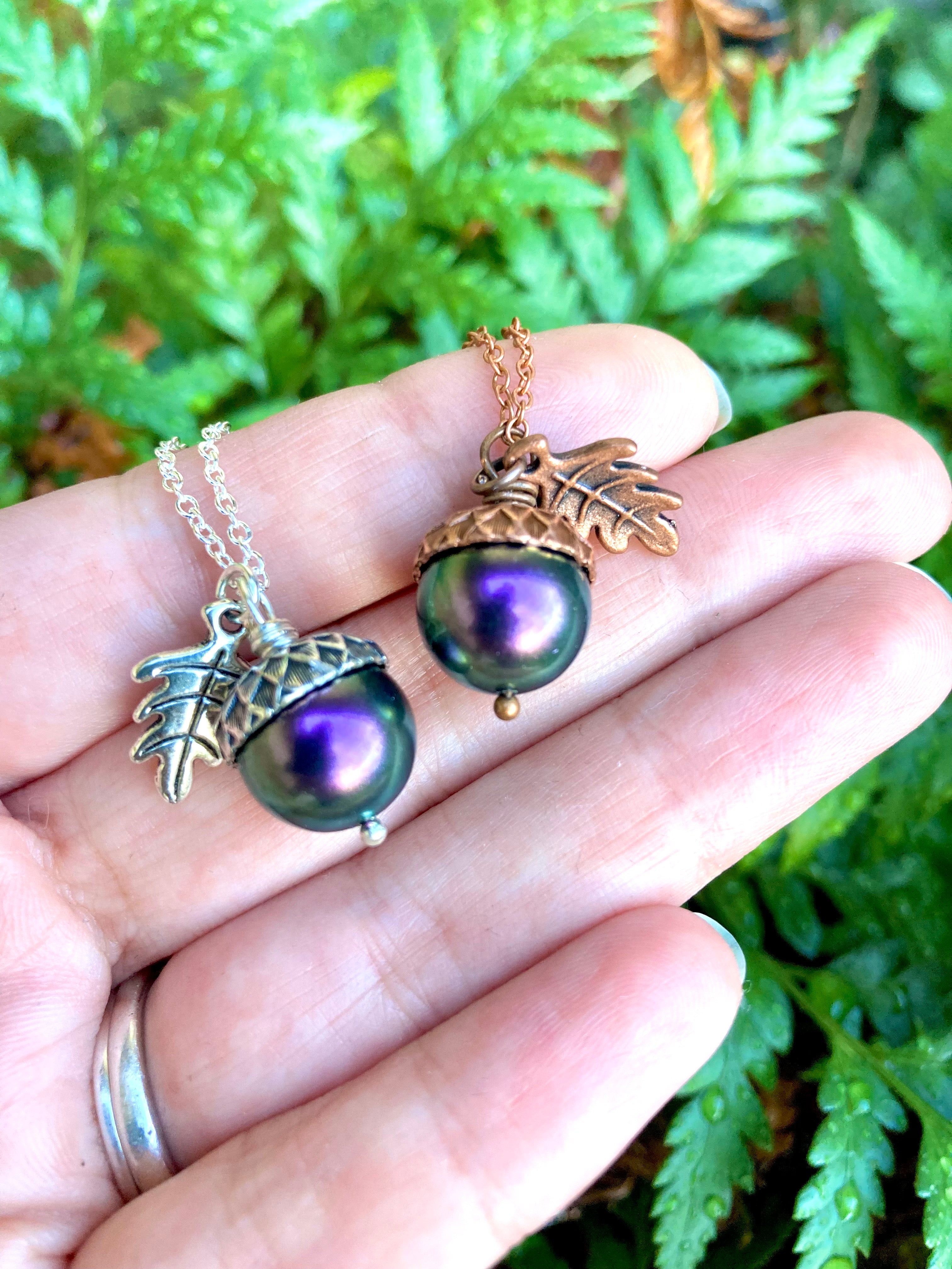 Copper Bewitched Magic Acorn Necklace | Iridescent Purple and Green Acorn Pendant | Forest Nature Jewelry