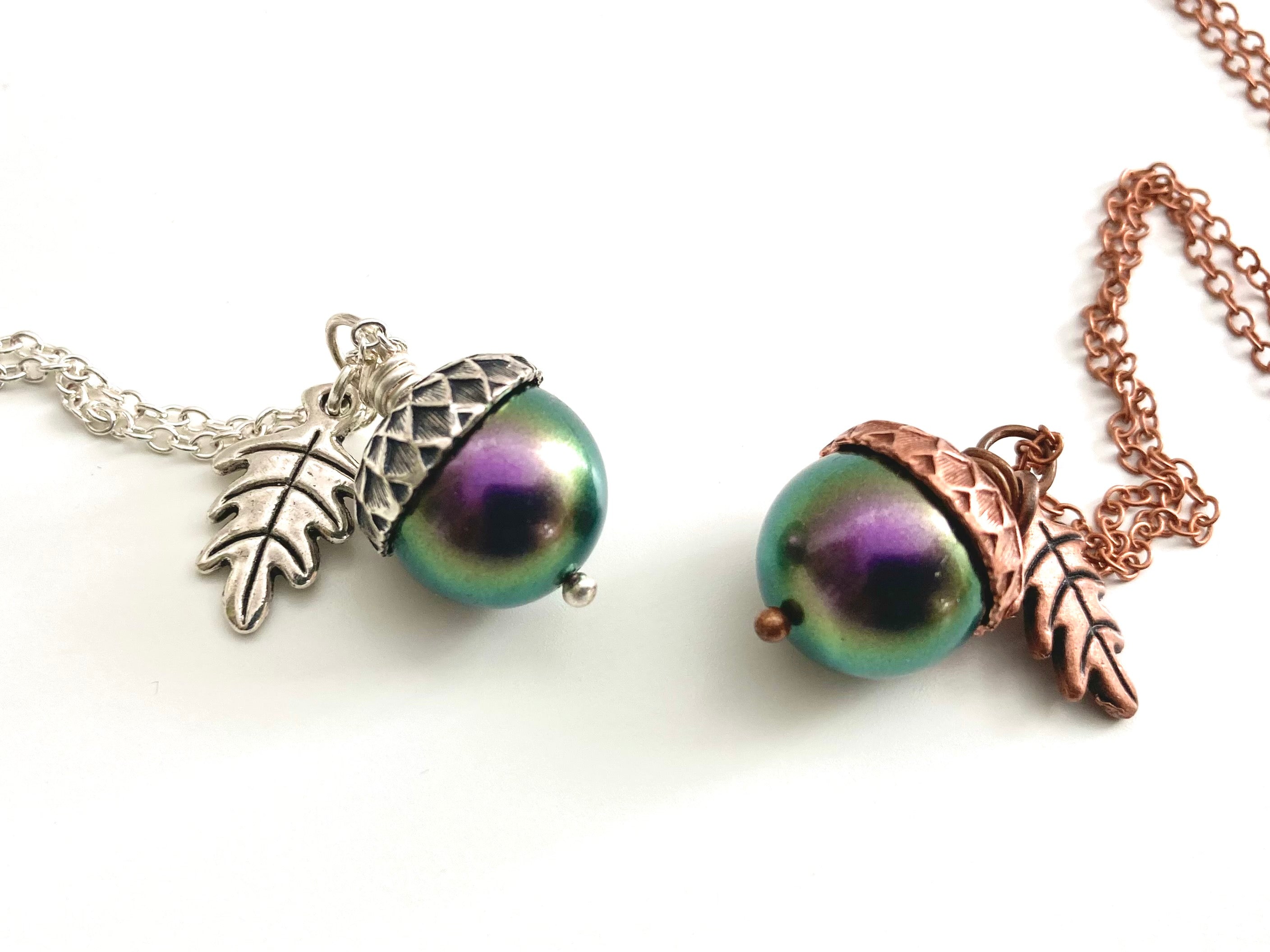 Silver Bewitched Magic Acorn Necklace | Iridescent Purple and Green Acorn Pendant | Forest Nature Jewelry