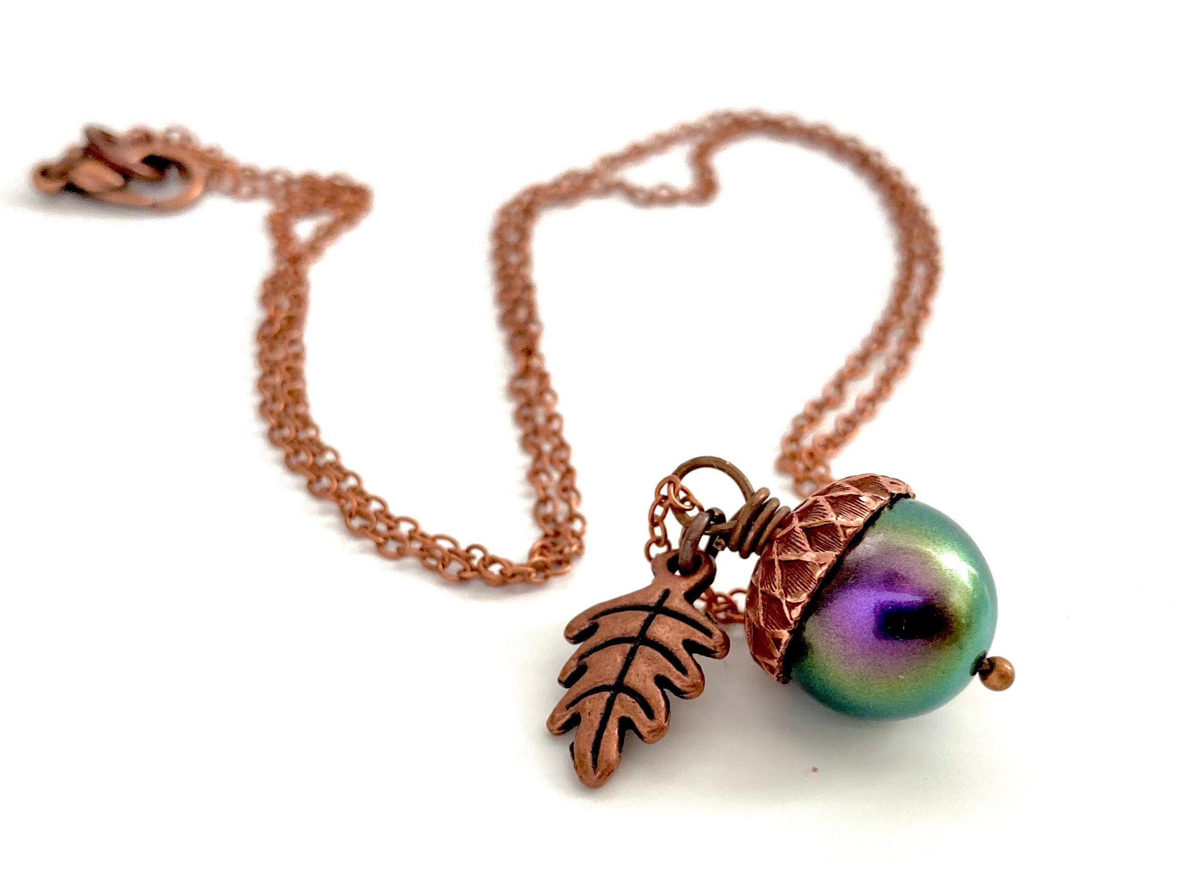 Copper Bewitched Magic Acorn Necklace | Iridescent Purple and Green Acorn Pendant | Forest Nature Jewelry