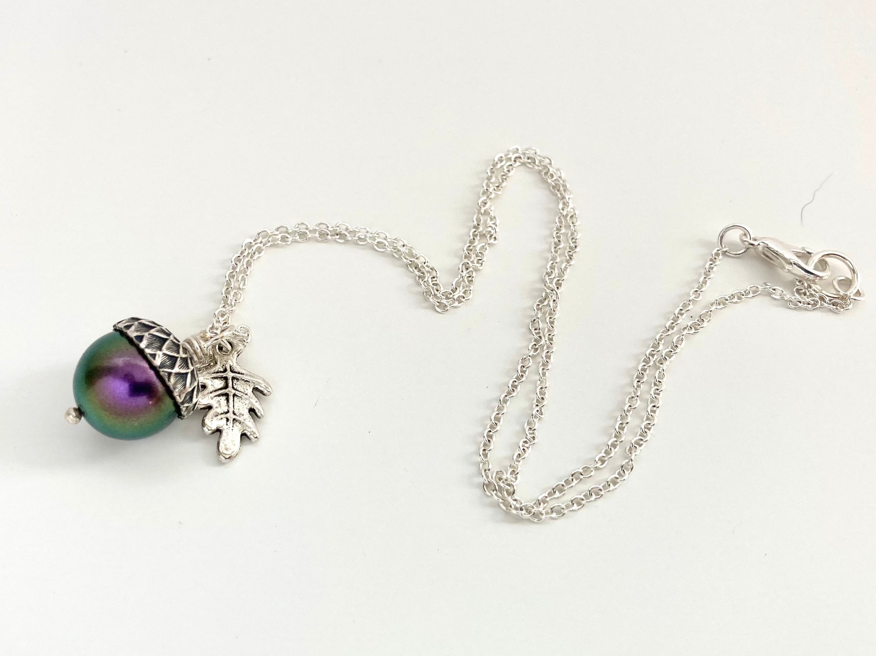 Silver Bewitched Magic Acorn Necklace | Iridescent Purple and Green Acorn Pendant | Forest Nature Jewelry