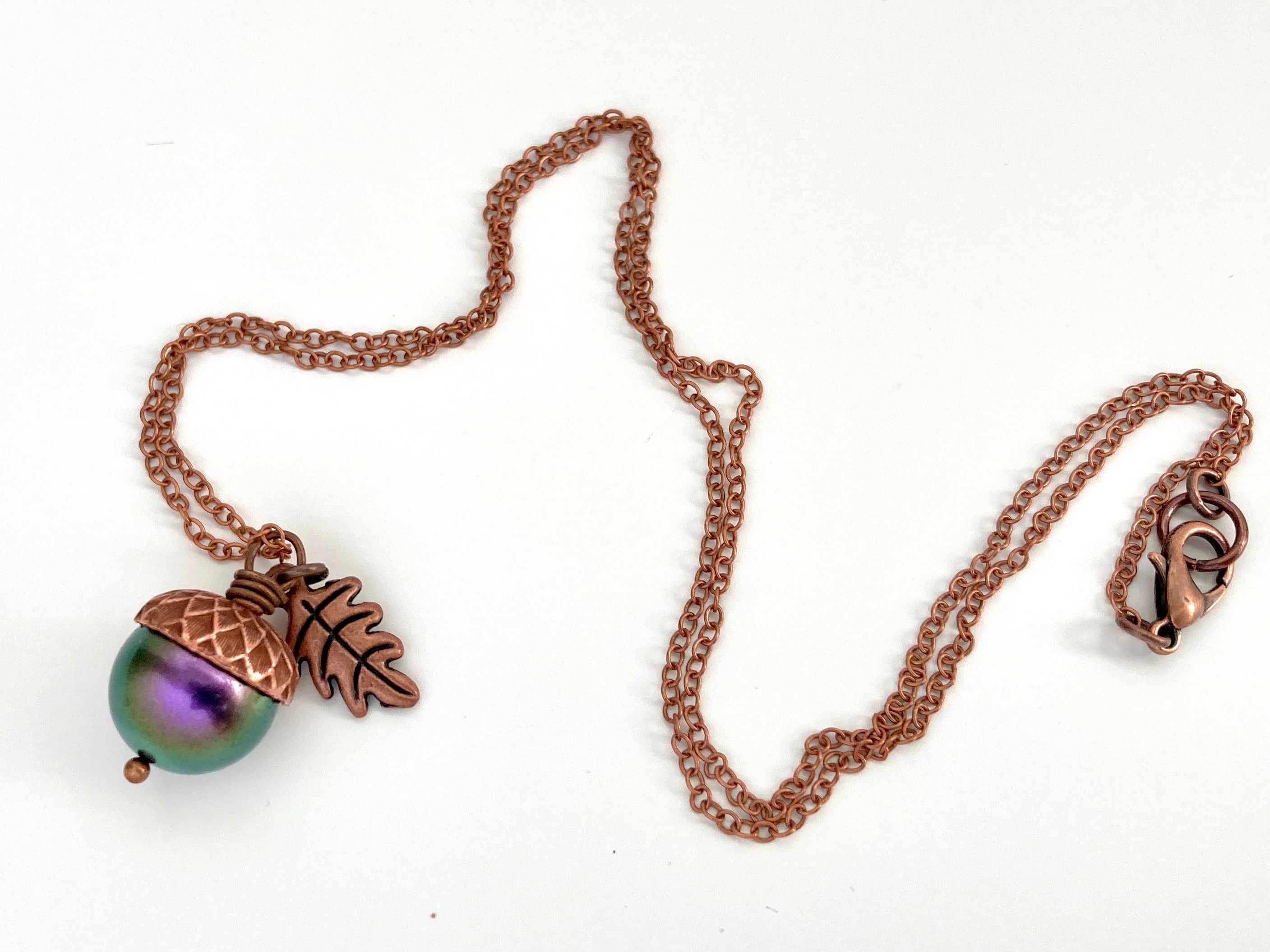 Copper Bewitched Magic Acorn Necklace | Iridescent Purple and Green Acorn Pendant | Forest Nature Jewelry