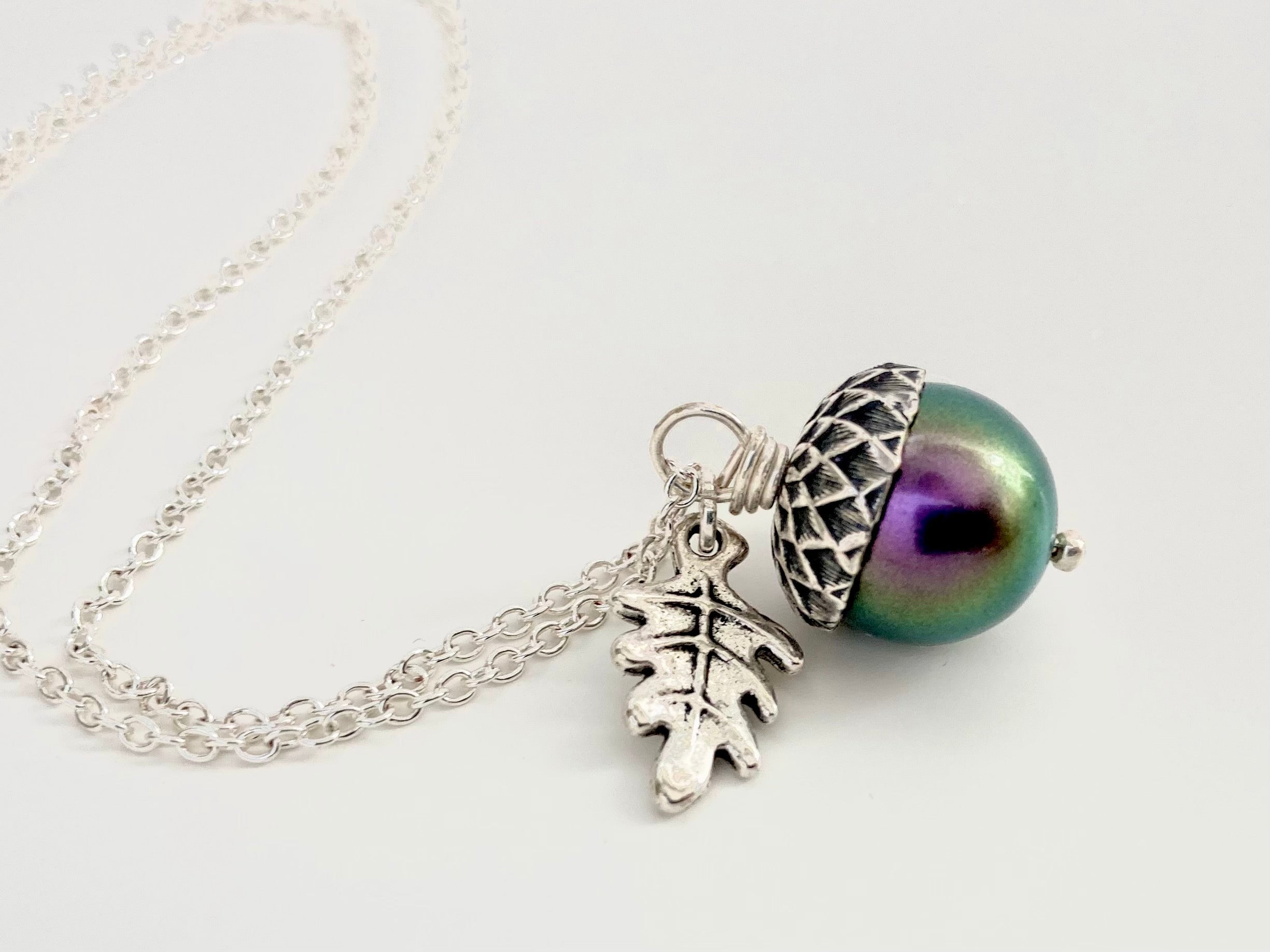 Silver Bewitched Magic Acorn Necklace | Iridescent Purple and Green Acorn Pendant | Forest Nature Jewelry