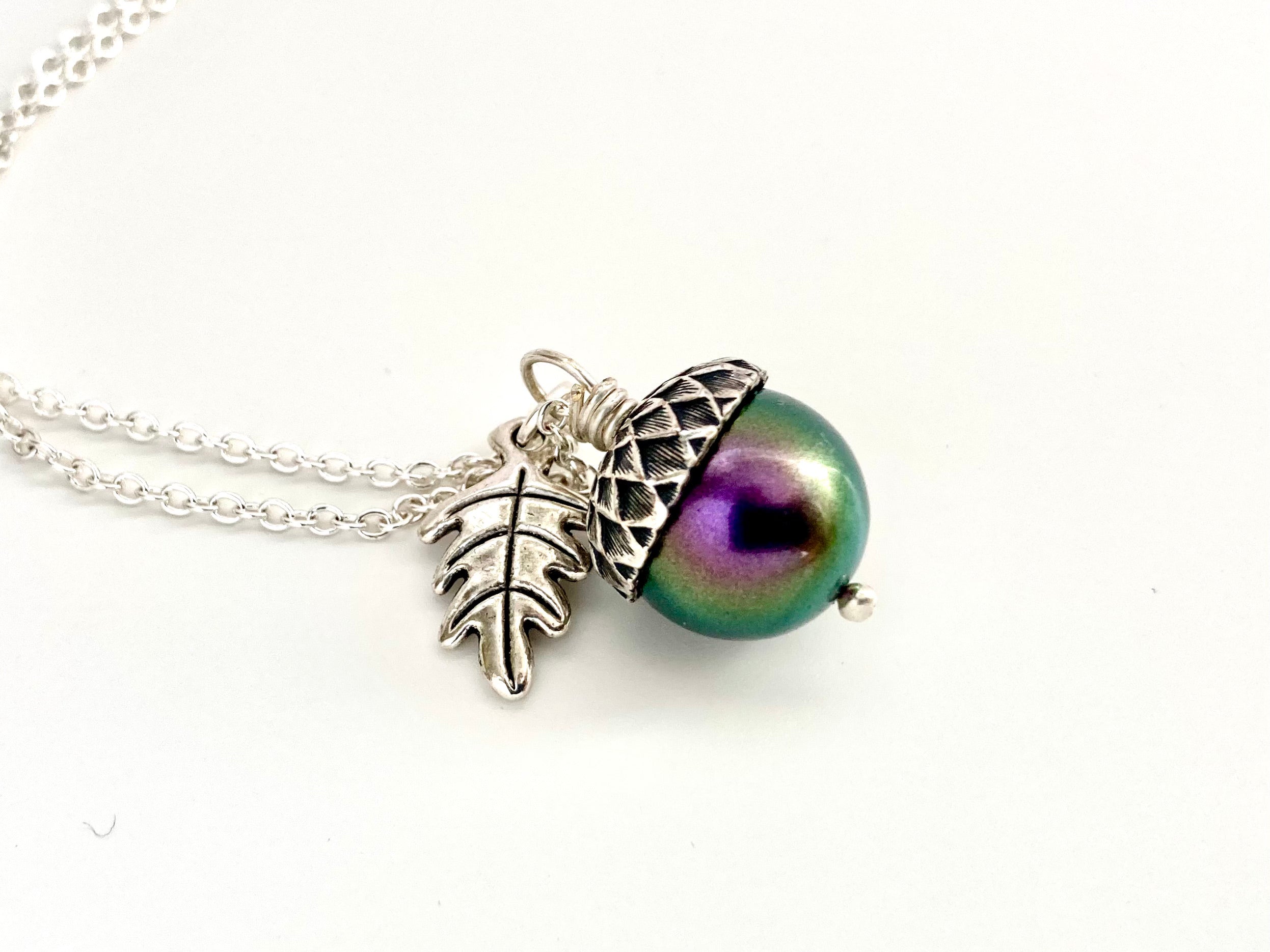 Silver Bewitched Magic Acorn Necklace | Iridescent Purple and Green Acorn Pendant | Forest Nature Jewelry