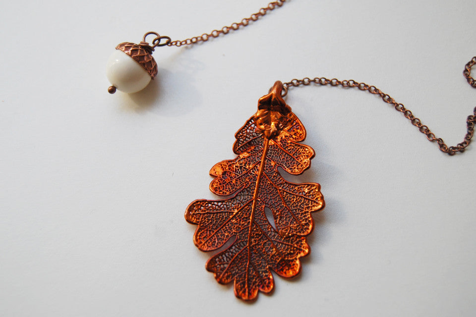 Copper Acorn and Oak Leaf Lariat | Autumn Jewelry | Electroformed Necklace | Fall Leaf Necklace - Enchanted Leaves - Nature Jewelry - Unique Handmade Gifts