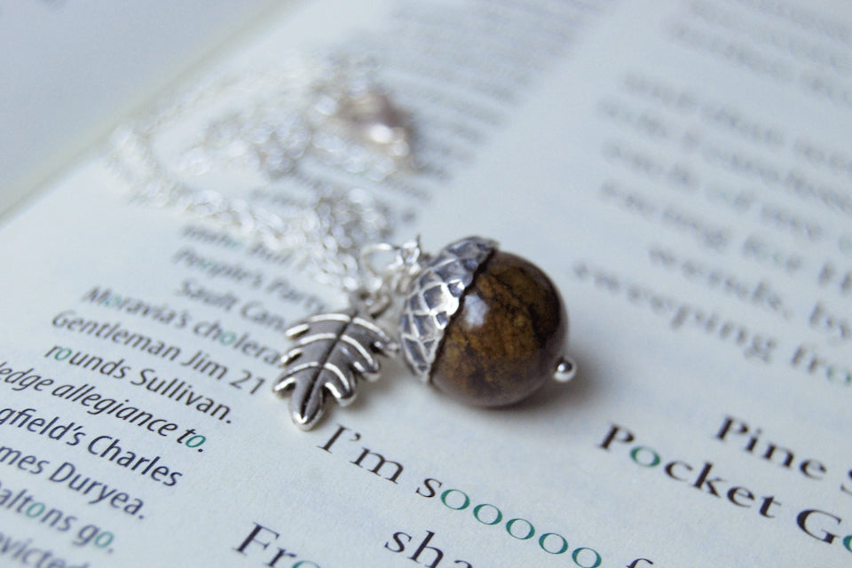 Brown Jasper and Silver Acorn Necklace | Gemstone Acorn Charm Necklace | Cute Autumn Necklace | Nature Jewelry - Enchanted Leaves - Nature Jewelry - Unique Handmade Gifts