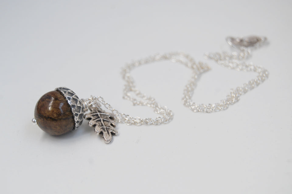 Brown Jasper and Silver Acorn Necklace | Gemstone Acorn Charm Necklace | Cute Autumn Necklace | Nature Jewelry - Enchanted Leaves - Nature Jewelry - Unique Handmade Gifts