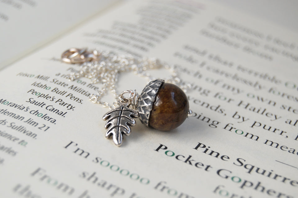 Brown Jasper and Silver Acorn Necklace | Gemstone Acorn Charm Necklace | Cute Autumn Necklace | Nature Jewelry - Enchanted Leaves - Nature Jewelry - Unique Handmade Gifts