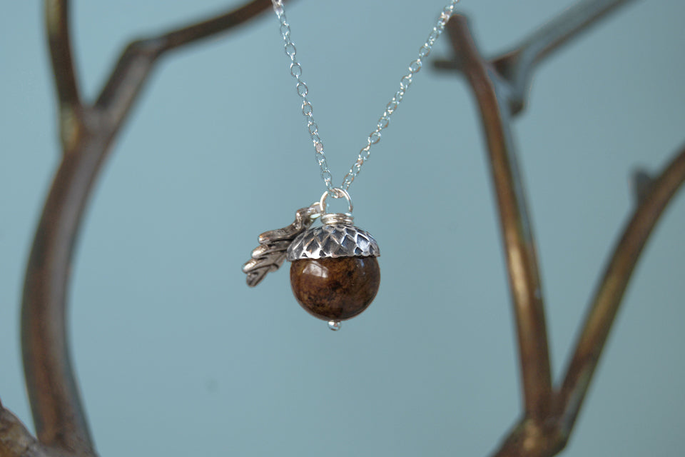Brown Jasper and Silver Acorn Necklace | Gemstone Acorn Charm Necklace | Cute Autumn Necklace | Nature Jewelry - Enchanted Leaves - Nature Jewelry - Unique Handmade Gifts