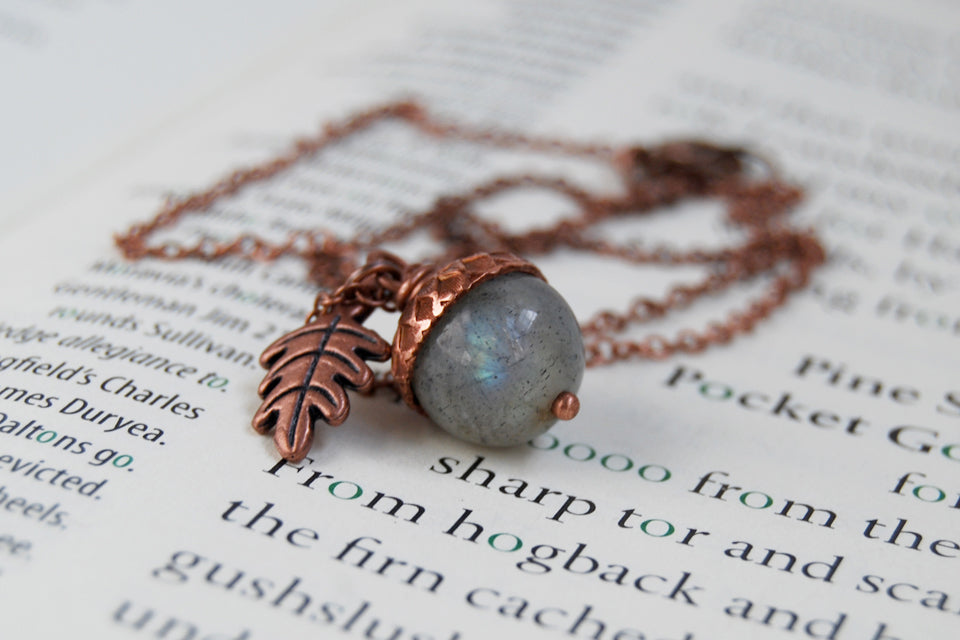 Labradorite and Copper Acorn Necklace | Cute Nature Acorn | Forest Acorn Necklace | Nature Jewelry - Enchanted Leaves - Nature Jewelry - Unique Handmade Gifts