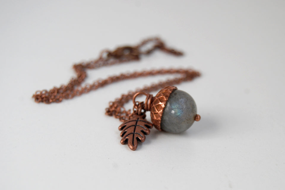 Labradorite and Copper Acorn Necklace | Cute Nature Acorn | Forest Acorn Necklace | Nature Jewelry - Enchanted Leaves - Nature Jewelry - Unique Handmade Gifts