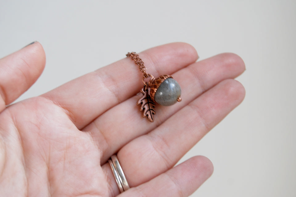 Labradorite and Copper Acorn Necklace | Cute Nature Acorn | Forest Acorn Necklace | Nature Jewelry - Enchanted Leaves - Nature Jewelry - Unique Handmade Gifts