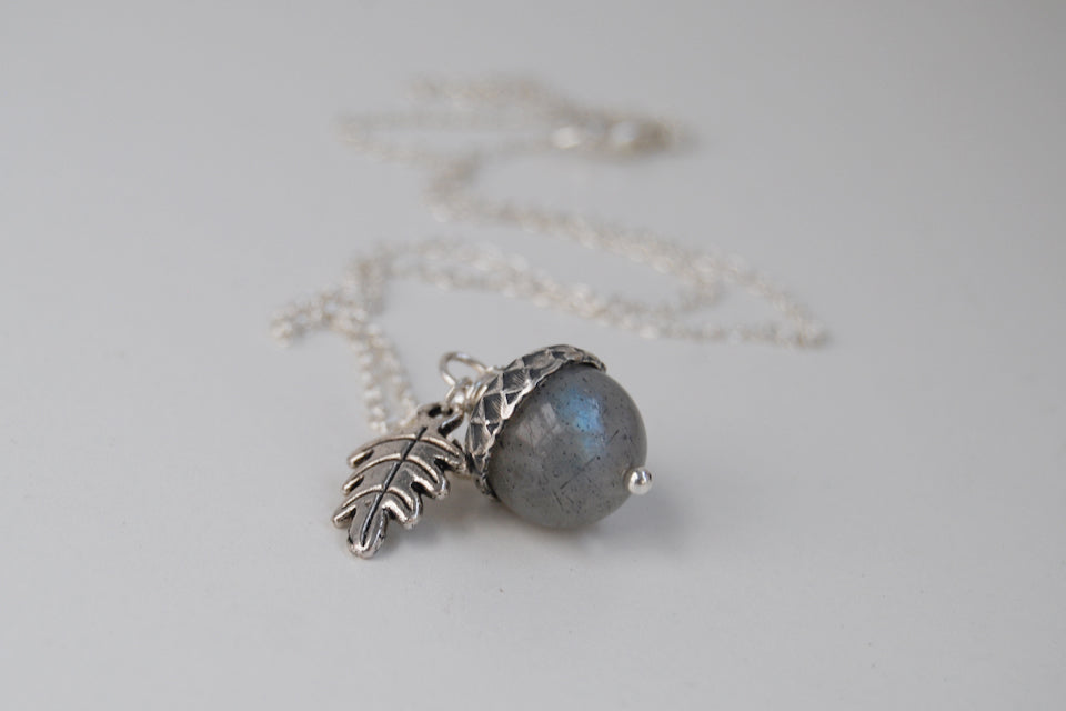 Labradorite and Silver Acorn Necklace | Cute Nature Charm | Forest Acorn Necklace | Nature Jewelry - Enchanted Leaves - Nature Jewelry - Unique Handmade Gifts