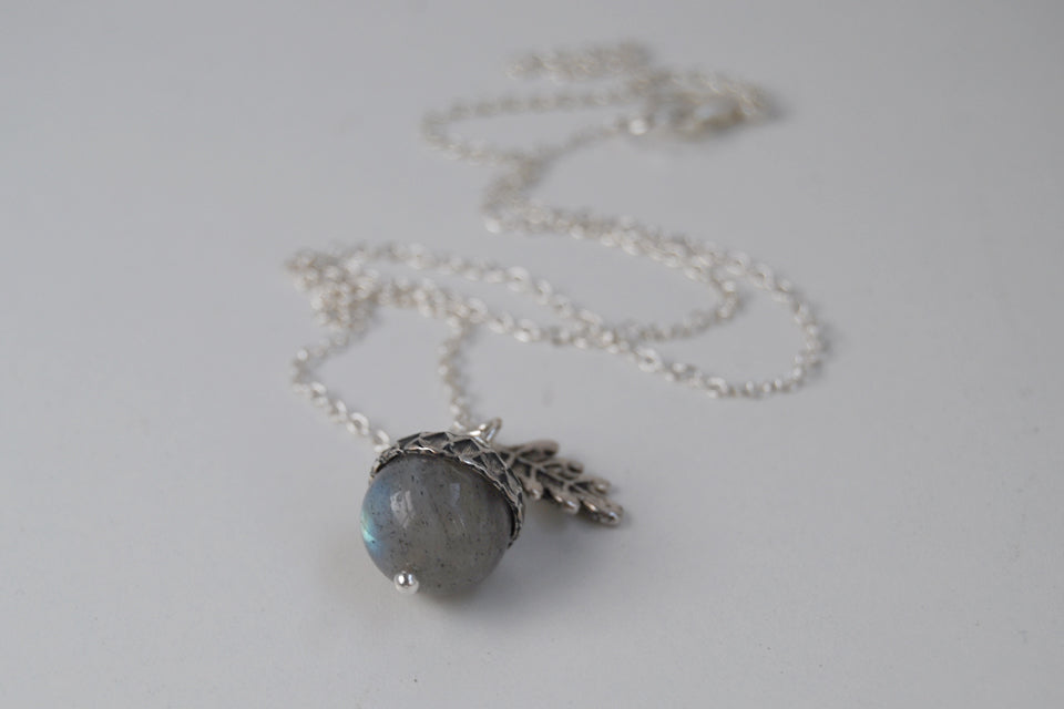 Labradorite and Silver Acorn Necklace | Cute Nature Charm | Forest Acorn Necklace | Nature Jewelry - Enchanted Leaves - Nature Jewelry - Unique Handmade Gifts