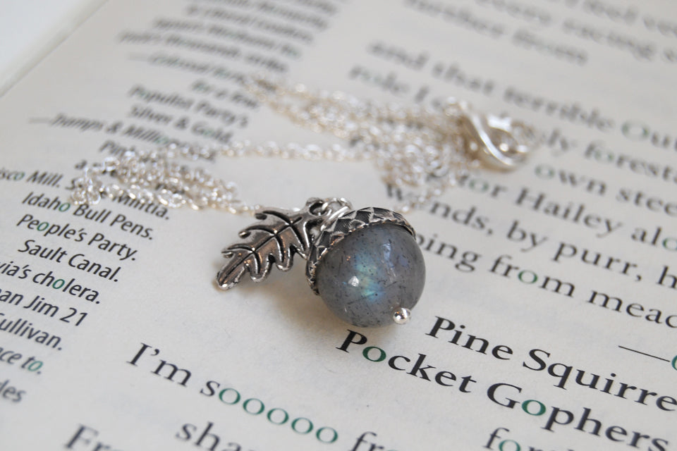 Labradorite and Silver Acorn Necklace | Cute Nature Charm | Forest Acorn Necklace | Nature Jewelry - Enchanted Leaves - Nature Jewelry - Unique Handmade Gifts