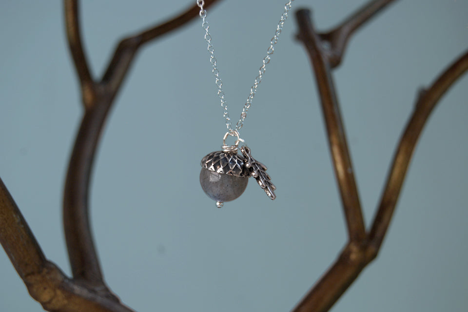 Labradorite and Silver Acorn Necklace | Cute Nature Charm | Forest Acorn Necklace | Nature Jewelry - Enchanted Leaves - Nature Jewelry - Unique Handmade Gifts