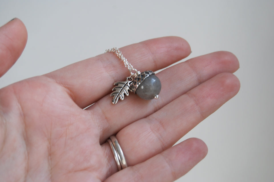 Labradorite and Silver Acorn Necklace | Cute Nature Charm | Forest Acorn Necklace | Nature Jewelry - Enchanted Leaves - Nature Jewelry - Unique Handmade Gifts