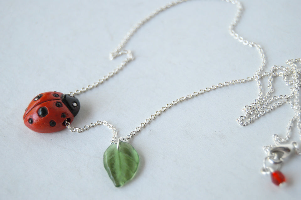 Ladybug Necklace | Handmade Ladybug Charm Necklace | Cute Ladybird Pendant - Enchanted Leaves - Nature Jewelry - Unique Handmade Gifts