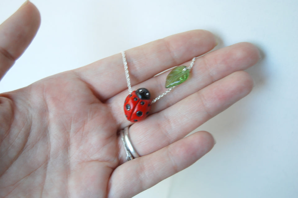 Ladybug Necklace | Handmade Ladybug Charm Necklace | Cute Ladybird Pendant - Enchanted Leaves - Nature Jewelry - Unique Handmade Gifts
