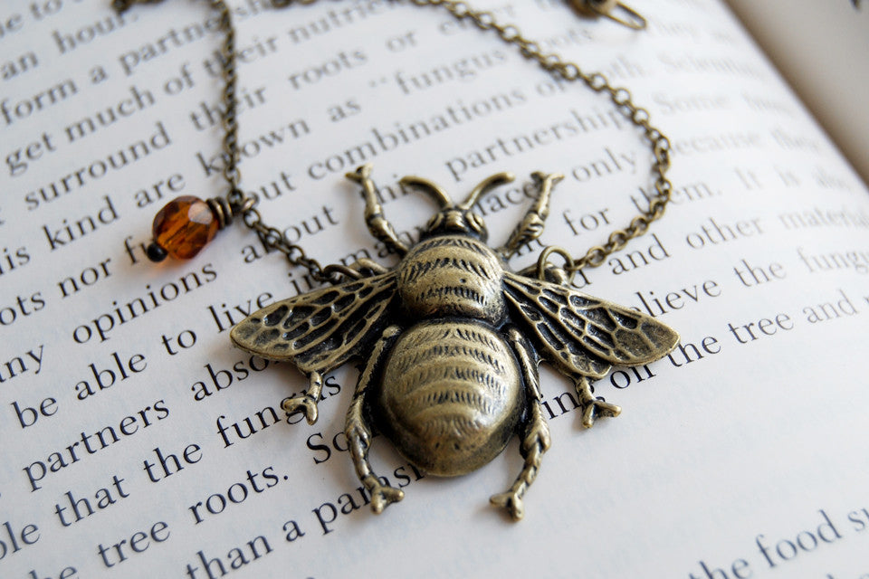 Large Brass Honey Bee Necklace | Bumble Bee Pendant | Cute Insect Jewelry - Enchanted Leaves - Nature Jewelry - Unique Handmade Gifts