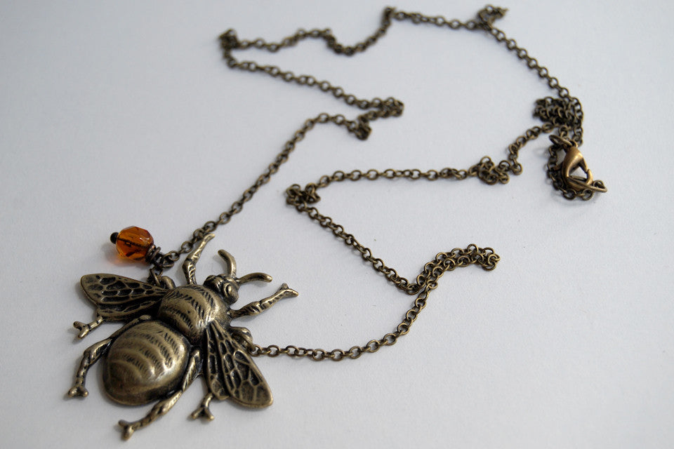 Large Brass Honey Bee Necklace | Bumble Bee Pendant | Cute Insect Jewelry - Enchanted Leaves - Nature Jewelry - Unique Handmade Gifts