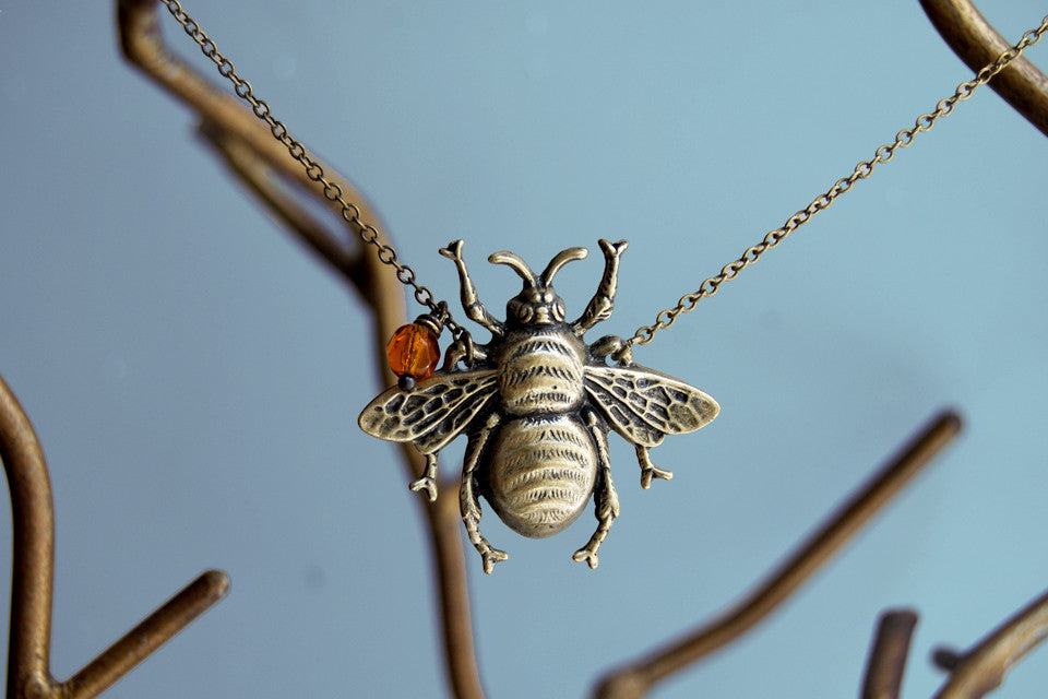 Large Brass Honey Bee Necklace | Bumble Bee Pendant | Cute Insect Jewelry - Enchanted Leaves - Nature Jewelry - Unique Handmade Gifts