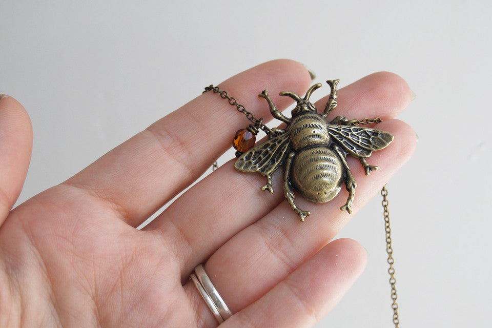 Large Brass Honey Bee Necklace | Bumble Bee Pendant | Cute Insect Jewelry - Enchanted Leaves - Nature Jewelry - Unique Handmade Gifts