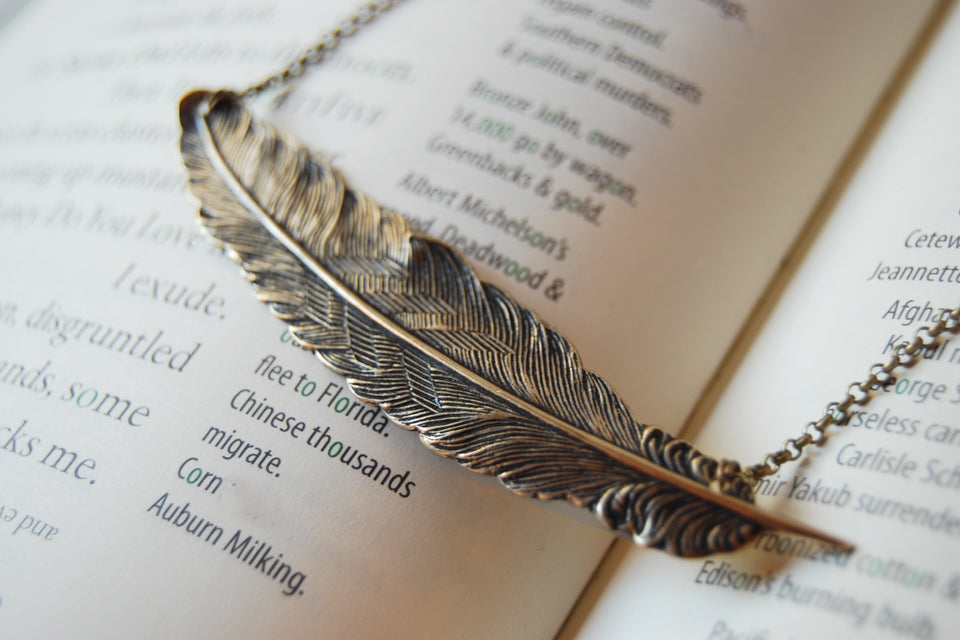 Large Brass Feather Necklace | Feather Pendant | Boho Jewelry - Enchanted Leaves - Nature Jewelry - Unique Handmade Gifts