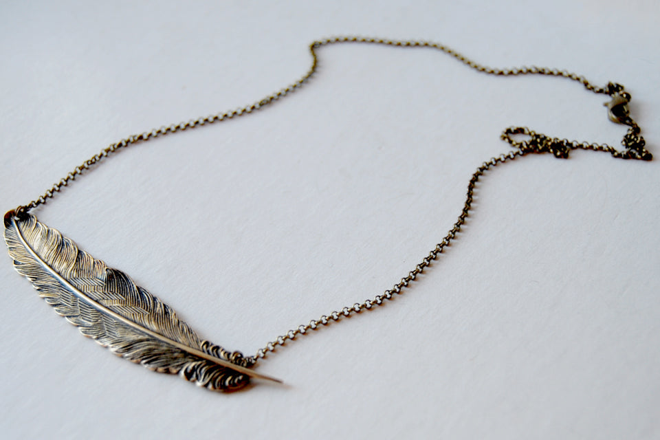 Large Brass Feather Necklace | Feather Pendant | Boho Jewelry - Enchanted Leaves - Nature Jewelry - Unique Handmade Gifts