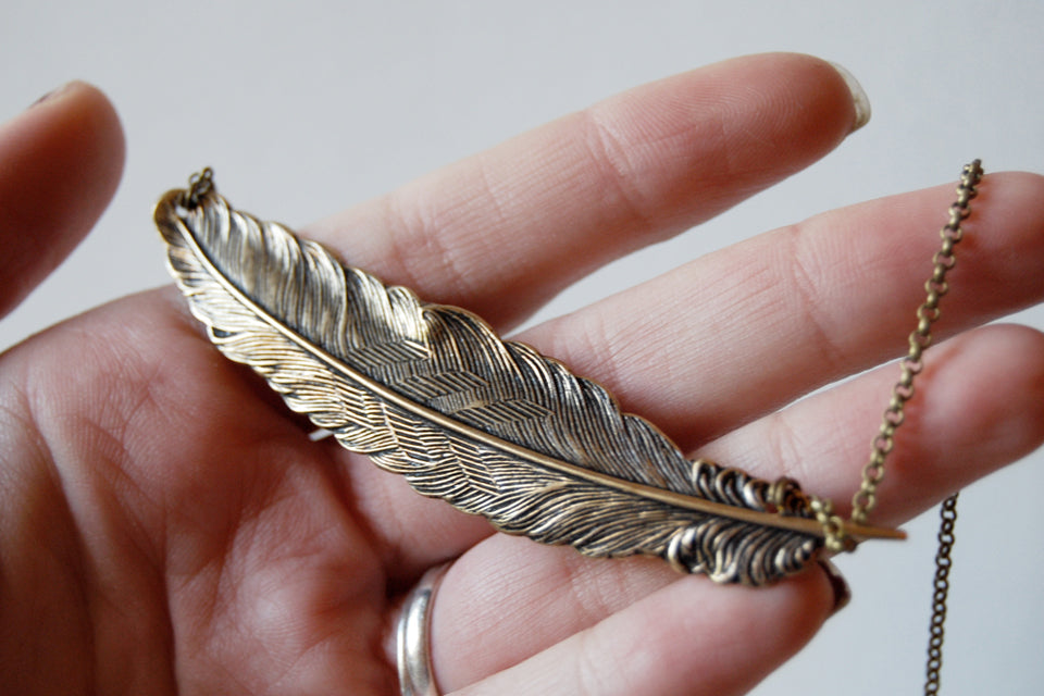 Large Brass Feather Necklace | Feather Pendant | Boho Jewelry - Enchanted Leaves - Nature Jewelry - Unique Handmade Gifts