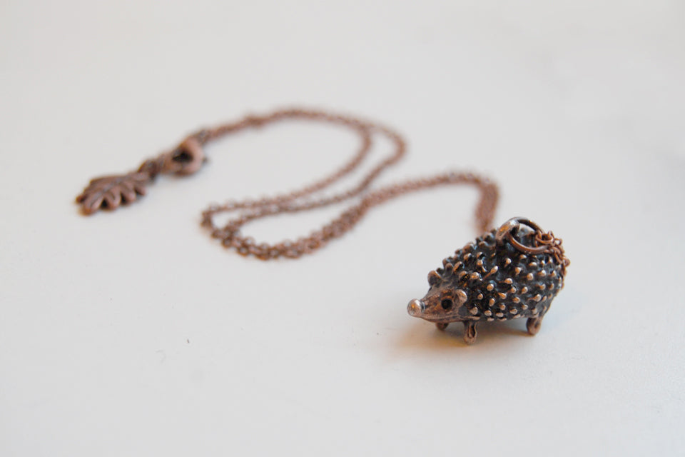 Large Copper Hedgehog Necklace | Cute Hedgehog Charm Necklace | Hedgie Pendant - Enchanted Leaves - Nature Jewelry - Unique Handmade Gifts