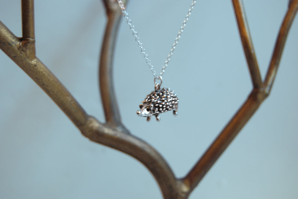 Large Silver Hedgehog Necklace | Cute Hedgehog Charm Necklace | Hedgie Pendant - Enchanted Leaves - Nature Jewelry - Unique Handmade Gifts