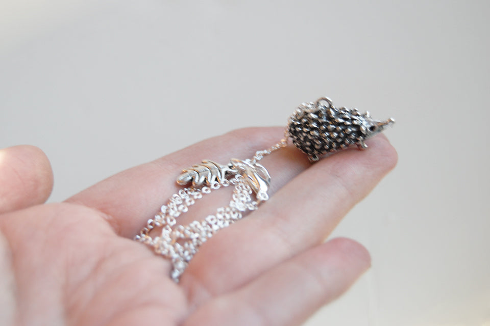 Large Silver Hedgehog Necklace | Cute Hedgehog Charm Necklace | Hedgie Pendant - Enchanted Leaves - Nature Jewelry - Unique Handmade Gifts