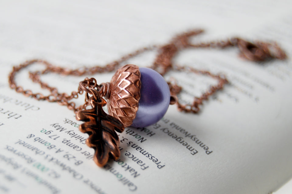 Lilac and Copper Pearl Acorn Necklace | Cute Nature Acorn Charm Necklace | Forest Acorn Necklace | Woodland Pearl Acorn | Nature Jewelry - Enchanted Leaves - Nature Jewelry - Unique Handmade Gifts