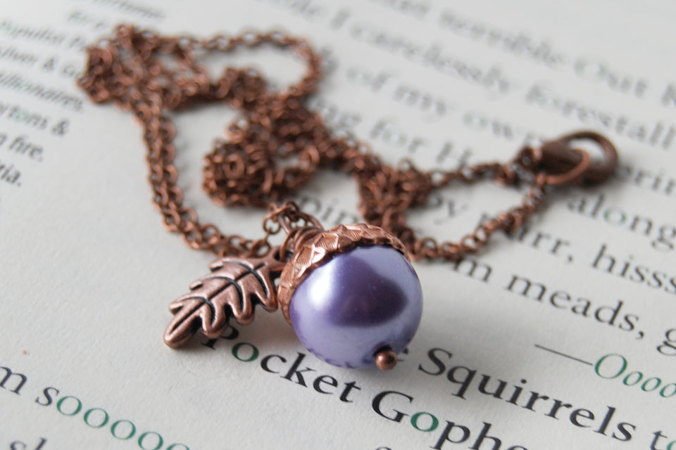 Lilac and Copper Pearl Acorn Necklace | Cute Nature Acorn Charm Necklace | Forest Acorn Necklace | Woodland Pearl Acorn | Nature Jewelry - Enchanted Leaves - Nature Jewelry - Unique Handmade Gifts