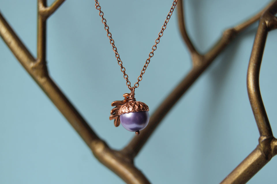 Lilac and Copper Pearl Acorn Necklace | Cute Nature Acorn Charm Necklace | Forest Acorn Necklace | Woodland Pearl Acorn | Nature Jewelry - Enchanted Leaves - Nature Jewelry - Unique Handmade Gifts