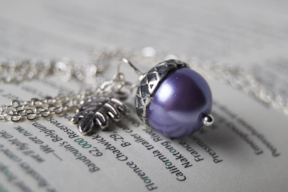 Lilac and Silver Pearl Acorn Necklace | Cute Nature Acorn Charm Necklace | Forest Acorn Necklace | Woodland Pearl Acorn | Nature Jewelry - Enchanted Leaves - Nature Jewelry - Unique Handmade Gifts