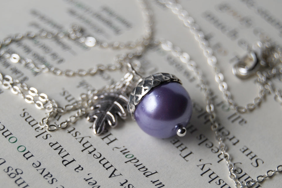 Lilac and Silver Pearl Acorn Necklace | Cute Nature Acorn Charm Necklace | Forest Acorn Necklace | Woodland Pearl Acorn | Nature Jewelry - Enchanted Leaves - Nature Jewelry - Unique Handmade Gifts