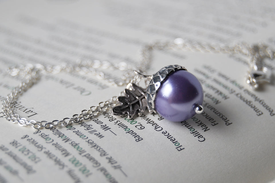 Lilac and Silver Pearl Acorn Necklace | Cute Nature Acorn Charm Necklace | Forest Acorn Necklace | Woodland Pearl Acorn | Nature Jewelry - Enchanted Leaves - Nature Jewelry - Unique Handmade Gifts