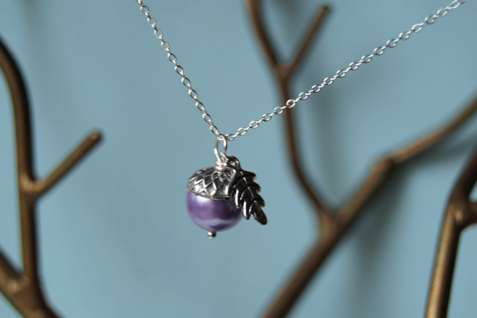 Lilac and Silver Pearl Acorn Necklace | Cute Nature Acorn Charm Necklace | Forest Acorn Necklace | Woodland Pearl Acorn | Nature Jewelry - Enchanted Leaves - Nature Jewelry - Unique Handmade Gifts
